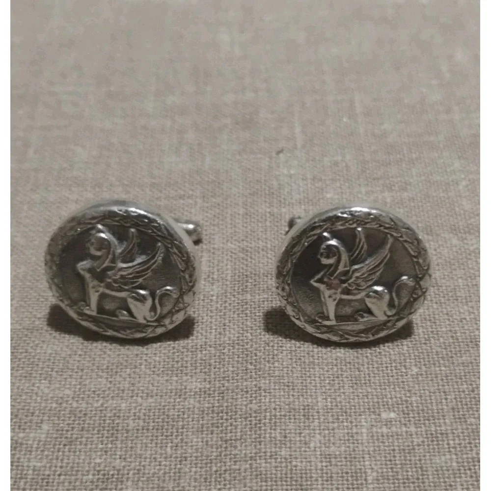 Vintage Hickok USA Griffin Cufflinks Silver Tone Heraldic Swivel Back Men's Pair